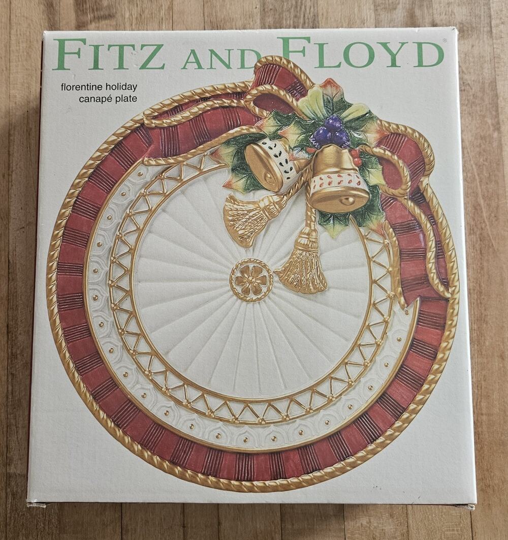 Fitz And Floyd NEW Christmas 3D Decorative Plate Dish Bells Ribbon Canape Cookie